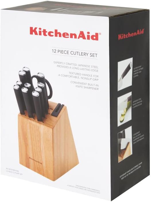 KitchenAid Classic 12 Piece Knife Block Set with Built in Knife Sharpener, High Carbon Japanese Stainless Steel Kitchen Knives, Sharp Kitchen Knife Set with Block, Rubberwood