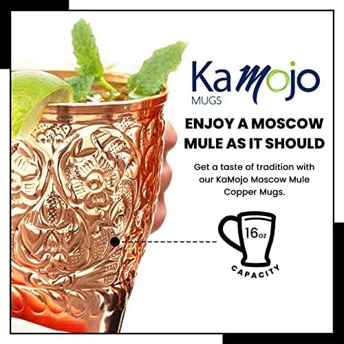 Moscow Mule Copper Mugs Set of 4 with Unique Handcrafted Embossed Design with Anti-Tarnish Food-Grade Coating - Copper Cups Gift Set with 4 Straws & Recipe E-Book, 16 oz