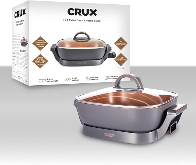 Crux Extra Deep Nonstick Scratch Resistant Electric Skillet with Removeable Temperature Probe, 12" x 12", silver (14620)