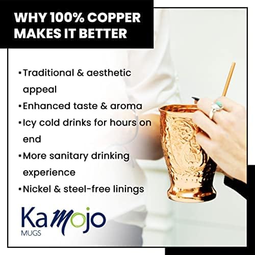 Moscow Mule Copper Mugs Set of 4 with Unique Handcrafted Embossed Design with Anti-Tarnish Food-Grade Coating - Copper Cups Gift Set with 4 Straws & Recipe E-Book, 16 oz