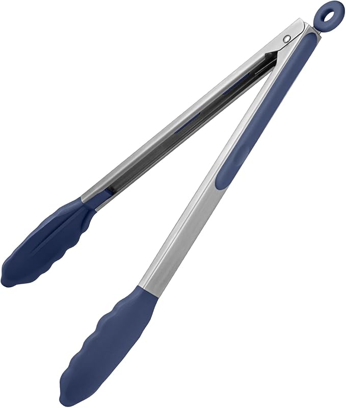 600ºF Heat Resistant Kitchen Tongs: U-Taste 12 inch Large Silicone Cooking Tong with Non Stick Rubber Tips & Silicon Coated 18/8 Stainless Steel Handle & Smooth Lock for Serving Grill (Midnight Blue)