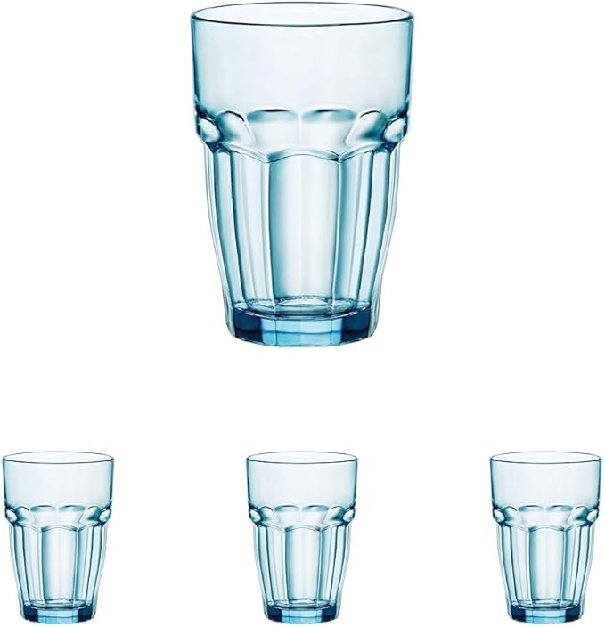 Bormioli Rocco Rock Bar 12.5 oz. Long Drink Stackable Tempered Beverage Glasses for Cold Drinks, Water, and Cocktails, Set of 6, Ice Blue (Pack of 4)