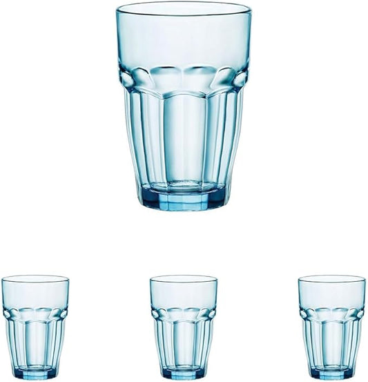 Bormioli Rocco Rock Bar 12.5 oz. Long Drink Stackable Tempered Beverage Glasses for Cold Drinks, Water, and Cocktails, Set of 6, Ice Blue (Pack of 4)