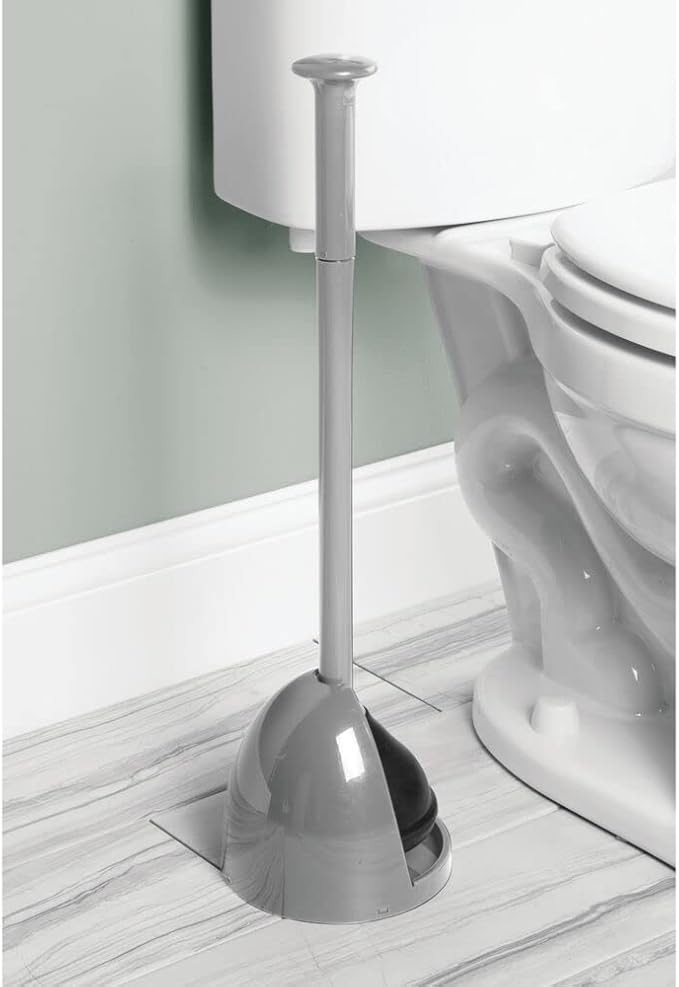 mDesign Plastic Freestanding Hideaway Toilet Bowl Plunger with Holder Set - Plunger for Bathroom Storage and Cleaning Organization - Heavy Duty, Space Saving - Aura Collection - Gray