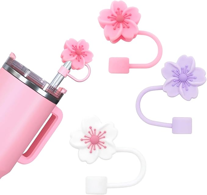 Silicone Straw Caps for 10mm Tumblers | Reusable Dust-Proof Straw Toppers Compatible with Stanley 30oz & 40oz Tumblers (Purple Flower 3pc)