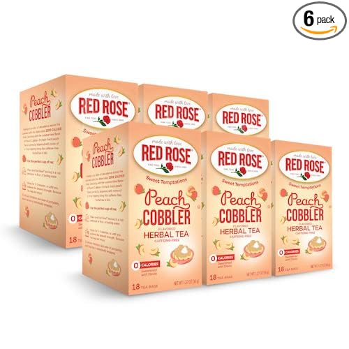 Red Rose Sweet Temptations Dessert Tea Peach Cobbler, Zero Carbs, Zero Sugar Bursting with Flavor Caffeine-Free Delicious Beverage Herbal Tea, 18 Count Pack of 6 Fruit Naturally Flavored Herbal Tea