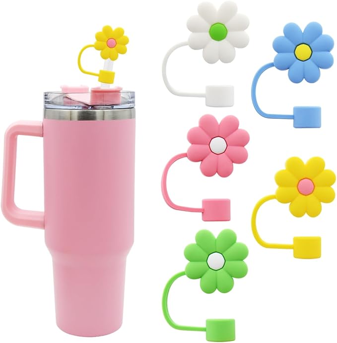 Flower Straw Cover Cap for Stanley Cup Silicone Straw Topper Compatible with 30 and 40 Oz Tumbler with Handle,Straw Tip Covers 10 mm 0.4 in for Straw Tip Covers (5Pcs-Flower-StrawCover)
