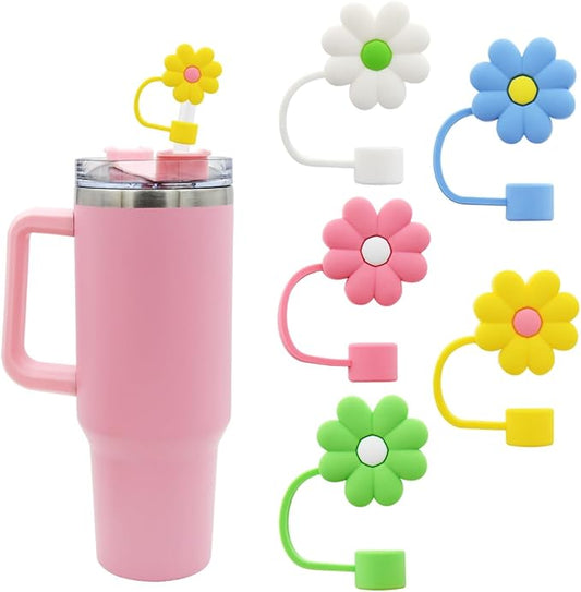 Flower Straw Cover Cap for Stanley Cup Silicone Straw Topper Compatible with 30 and 40 Oz Tumbler with Handle,Straw Tip Covers 10 mm 0.4 in for Straw Tip Covers (5Pcs-Flower-StrawCover)