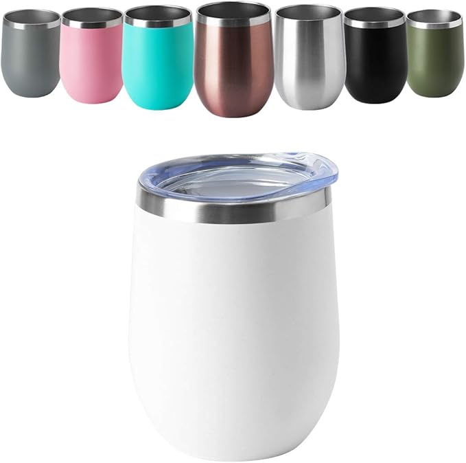 HASLE OUTFITTERS 12oz Wine Tumbler with Lid Stemless Wine Glasses Double Wall Vacuum Travel Mugs stainless steel Coffee Cup for Cold & Hot Drinks Wine Coffee Cocktails Beer 6 Pack White