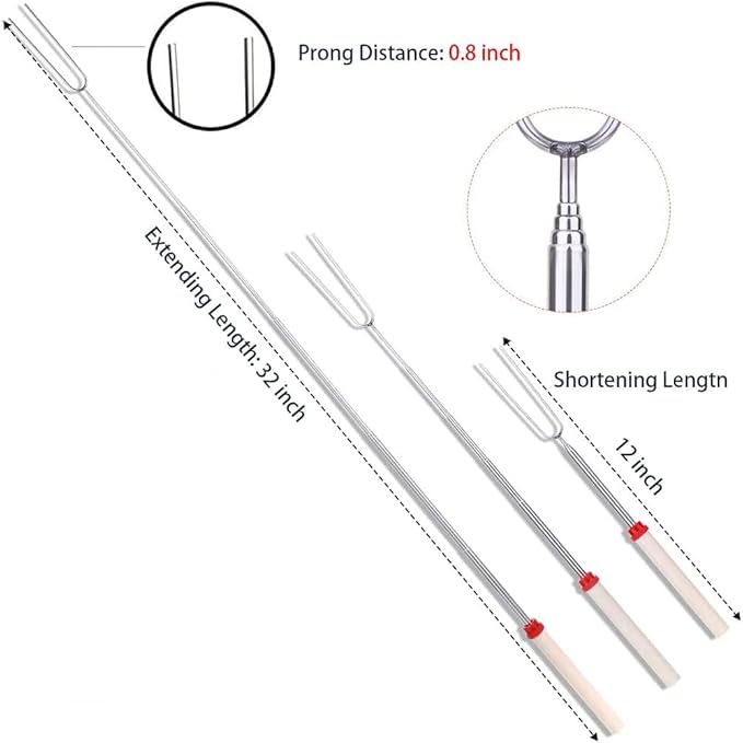 Marshmallow Roasting Sticks 8Pcs Extendable 32inch Long Metal Barbecue Skewers For Grilling Set,Telescoping Smores BBQ Forks, Fire Pit Sticks for Hot Dogs,Camping,Bonfire