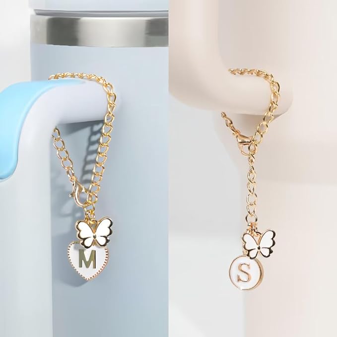 Compatible with Stanley Cup Accessories, 2PCS Butterfly Letter Charms with 4PCS 10mm Stanley Straw Cover Cap for Stanley Cup 30&40 Oz, Silicone Stanley Straw Toppers for Stanley Tumbler(N)