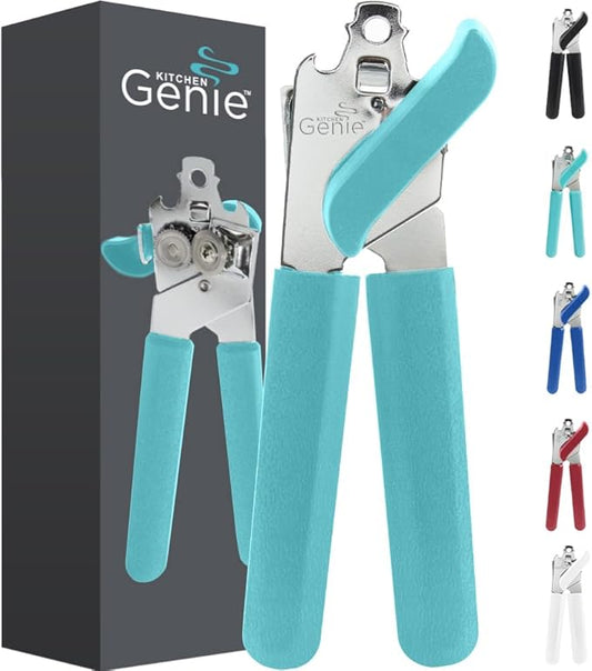 Kitchen Genie Heavy Duty Stainless Steel Manual Can Opener, Strong Blade for Smooth Edge Cuts, Open Cans Easily, Slip-Resistant Ergonomic Handle, Easy Turn Knob, Bottle Openers Included, Teal