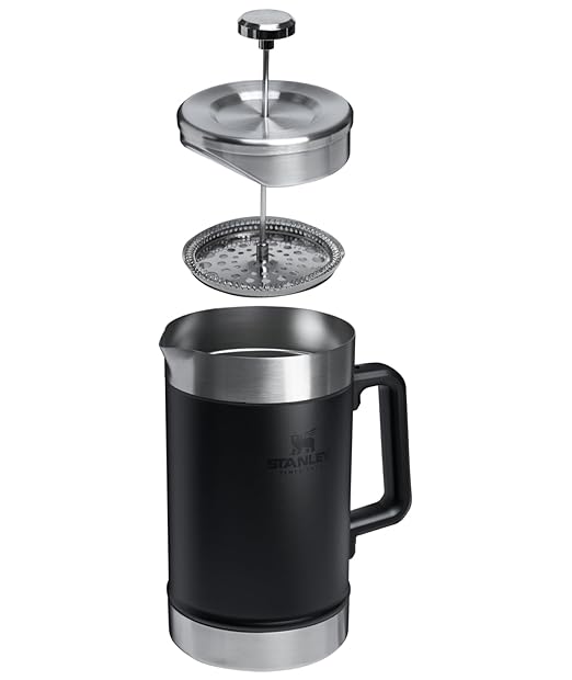 STANLEY Classic Stay-Hot French Press Coffee Maker 48 oz | 5 Minute Brew, 4 Hours Hot | Mesh Filter for Coffee Grounds | Insulated Stainless Steel French Press | BPA-Free | Black 2.0