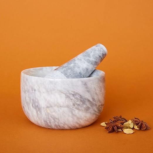 Kitchen Utensils & Gadgets, Seasoning & Spice Tools, Mortar Pestle Set, Grinder for Spices and Herbs, Kitchen Countertop, Small Spaces, Aesthetic, Sturdy, Round, 5" Wide, Gray White Marble Stone