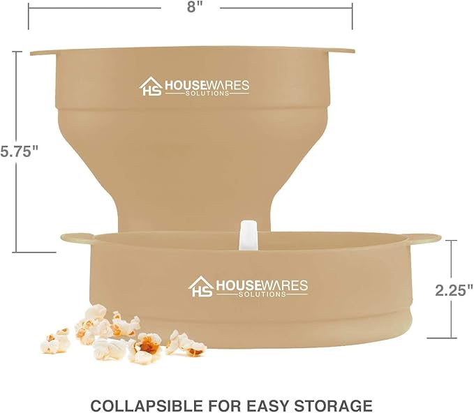 Collapsible Silicone Microwave Hot Air Popcorn Popper Bowl With Lid and Handles (Tan)