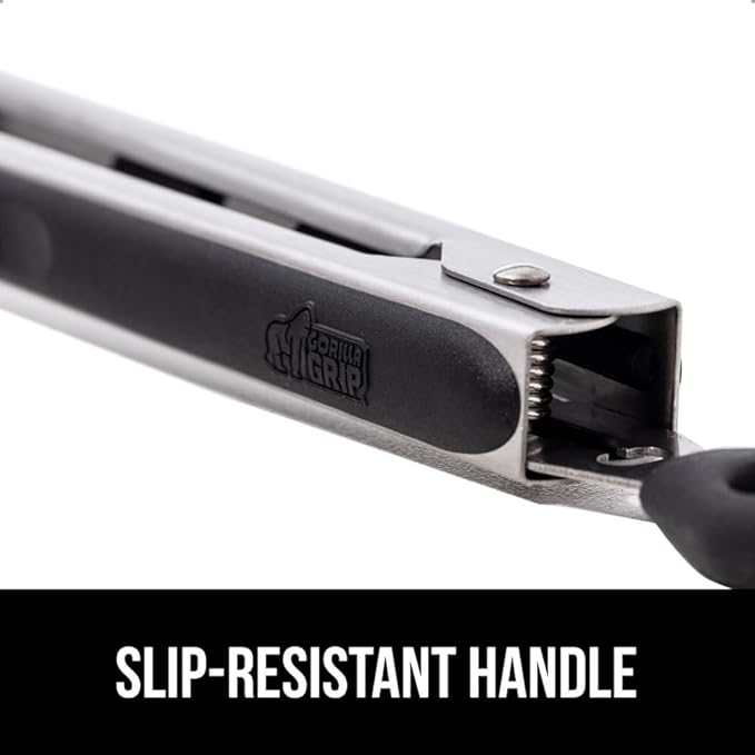 GORILLA GRIP Stainless Steel Heat Resistant Kitchen Tongs for Cooking, 7 + 12 Inch Set of 2 BBQ Tong, Non Scratch Silicone Tip for Pan, Strong Grip, Grab Food, Toss Salad, Air Fryer, Pull Lock, Black