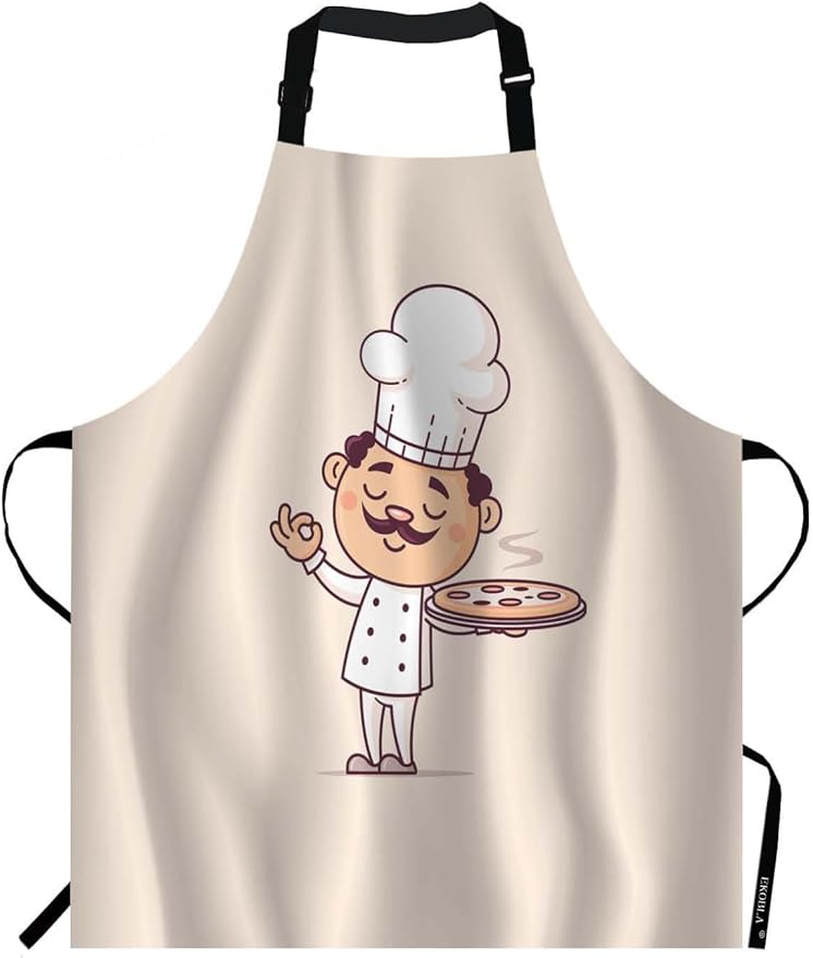 EKOBLA Chef Aprons Hot Pizza Cook Cuisine Cute Fast Food Hat Italian Man Moustache Waterproof Resistant Chef Cooking Kitchen BBQ Adjustable Aprons for Women Men 27x31 Inch
