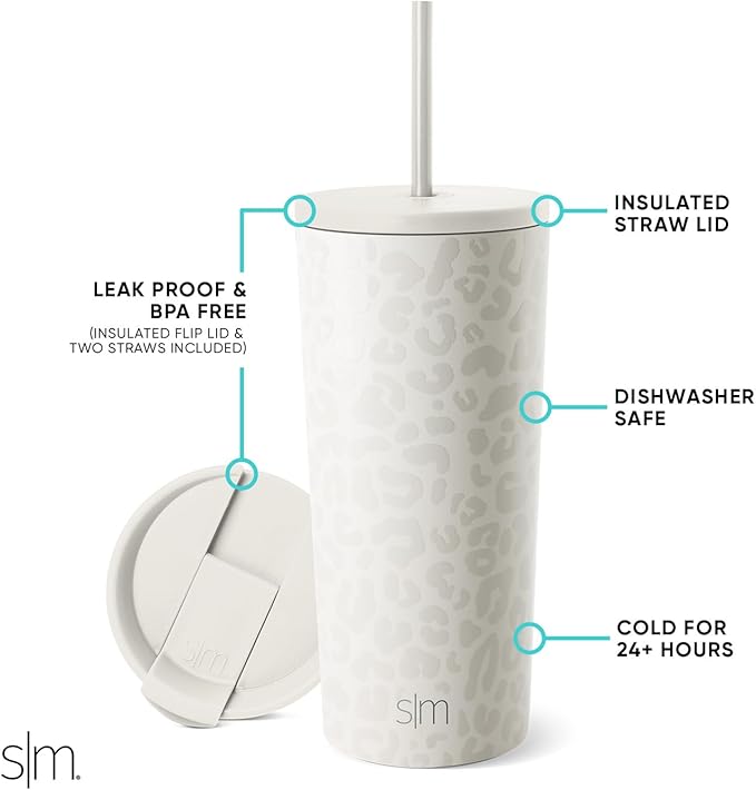 Simple Modern Insulated Tumbler with Lid and Straw | Iced Coffee Cup Reusable Stainless Steel Water Bottle Travel Mug | Gifts for Women Men Her Him | Classic Collection | 20oz | Cream Leopard