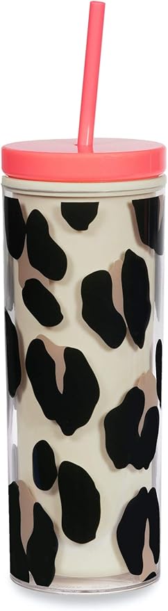 kate spade new york Insulated Tumbler with Reusable Straw, Leopard Print 24 Ounce Acrylic Travel Cup with Lid, Forest Feline
