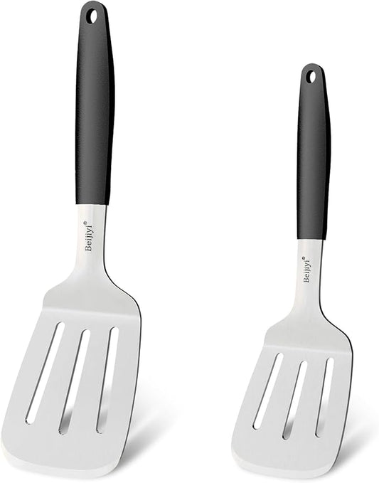 Beijiyi 2-Piece Stainless Steel Spatula Set, 13.3" & 11.3" Slotted Turner, Heavy Duty Metal Spatulas for Cast Iron Skillet and Grilling Cooking with Silicone Handle, Flipper for Steak, Burger and Eggs