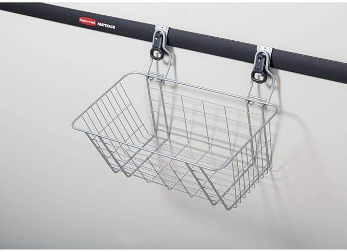 Rubbermaid Garage FastTrack Wire Mesh Basket Wall Mounted Storage System Holds up to 50 pounds Satin Nickel for Tool/Toy/Sports Equipment