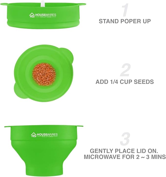 Collapsible Silicone Microwave Hot Air Popcorn Popper Bowl With Lid and Handles - Green