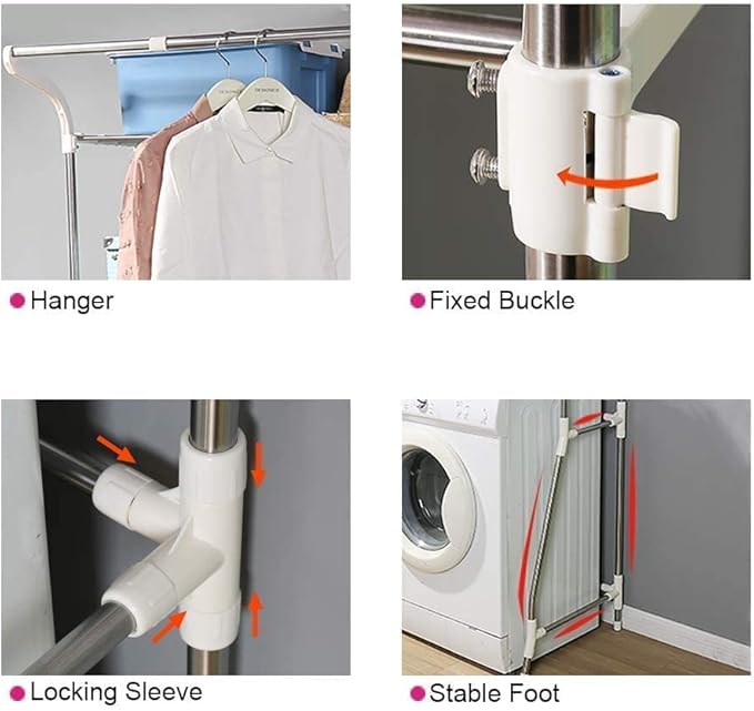 BAOYOUNI 2-Layer Over Washing Machine Storage Rack Utility Metal Bathroom Shelf 6-Hook Space Saver Width Adjustable Organization for Laundry Room Toilet (62-101cm, Ivory)