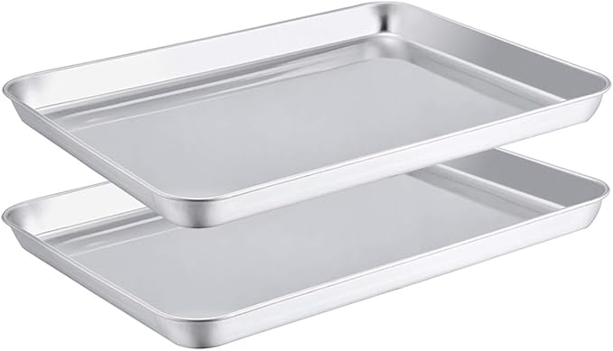 TeamFar Toaster Oven Pans Set of 2, Stainless Steel Compact Toaster Oven Tray Ovenware, 10.5'' x 8'' x 1'', Non-Toxic & Healthy, Easy Clean & Dishwasher Safe, Roll Edge & Mirror Finish