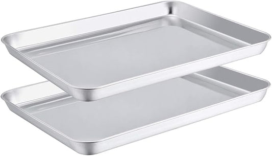 TeamFar Toaster Oven Pans Set of 2, Stainless Steel Compact Toaster Oven Tray Ovenware, 10.5'' x 8'' x 1'', Non-Toxic & Healthy, Easy Clean & Dishwasher Safe, Roll Edge & Mirror Finish