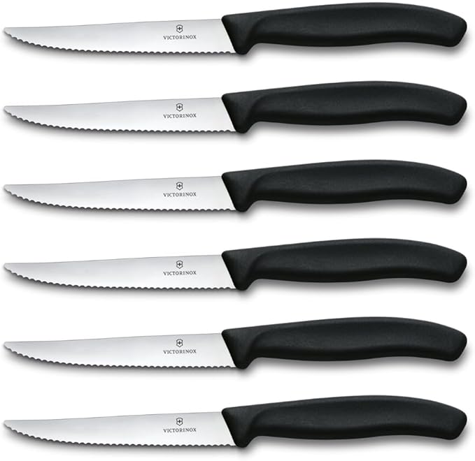 Victorinox 6.7233.6 Swiss Classic Steak Knife Set Ideal for Slicing a Wide Variety of Steak Cuts Serrated Blade in Black, Set of 6