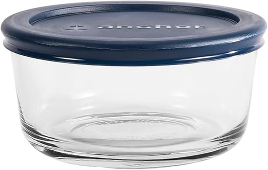 Anchor Hocking 2 Cup Glass Storage Containers with Lids, Set of 4 Glass Food Storage Containers with Navy SnugFit Lids