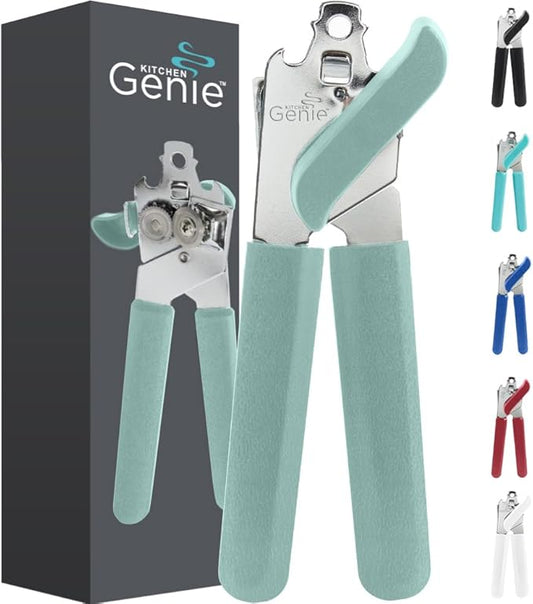 Kitchen Genie Heavy Duty Stainless Steel Manual Can Opener, Strong Blade for Smooth Edge Cuts, Open Cans Easily, Slip-Resistant Ergonomic Handle, Easy Turn Knob, Bottle Openers Included, Mint