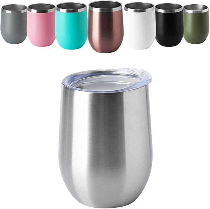HASLE OUTFITTERS 12oz Wine Tumbler with Lid Stemless Wine Glasses Double Wall Vacuum Travel Mugs stainless steel Coffee Cup for Cold & Hot Drinks Wine Coffee Cocktails Beer 6 Pack Stainless Steel