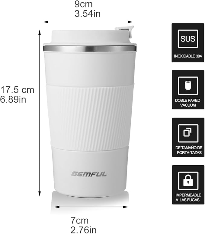 GEMFUL Travel Coffee Mug Insulated To Go Coffee Tumbler with Lid Portable Stainless Steel Reusable Leak proof Cups for Women Hot Cold Drinks 17oz (White)