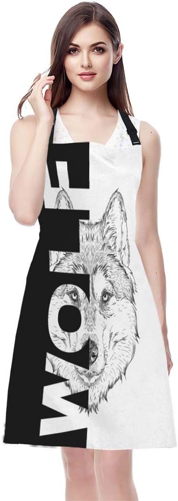 EKOBLA Wolf Aprons Hand Drawn Portrait Tattoo Animal Cool Creative Sketch Art Waterproof Resistant Chef Cooking Kitchen BBQ Adjustable Aprons for Women Men 27x31 Inch