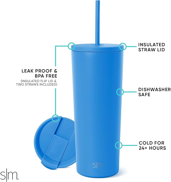 Simple Modern Insulated Tumbler with Lid and Straw | Iced Coffee Cup Reusable Stainless Steel Water Bottle Travel Mug | Gifts for Women Men Her Him | Classic Collection | 24oz | Supersonic Blue