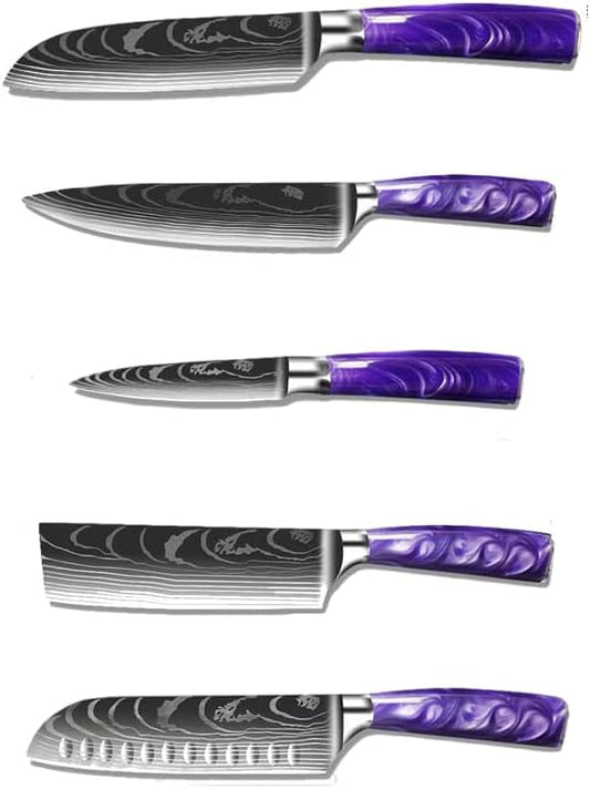 5-Piece Premium Japanese Kitchen Knife Set - Imperial Collection, Laser Damascus Pattern, 440A Stainless Steel Ultra Sharp for Fast Cutting (Purple 5A)