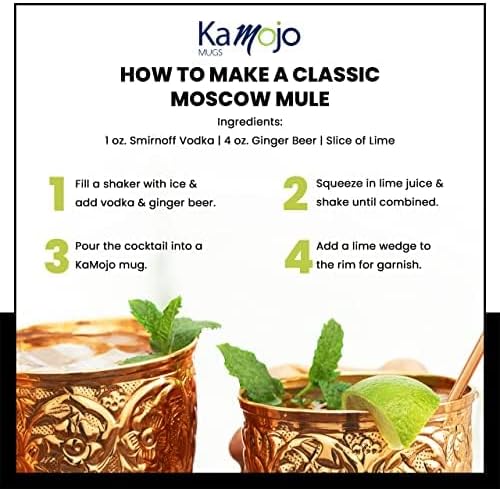 Moscow Mule Copper Mugs Set of 4 with Unique Handcrafted Embossed Design with Anti-Tarnish Food-Grade Coating - Copper Cups Gift Set with 4 Straws & Recipe E-Book, 16 oz