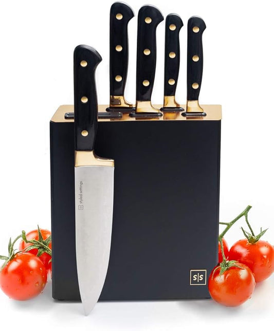 Black and Gold Knife Set with Block - 6-Piece Luxe Kitchen Knives with Block and Sharpener - Modern Black and Gold Kitchen Accessories for Stylish Cooking