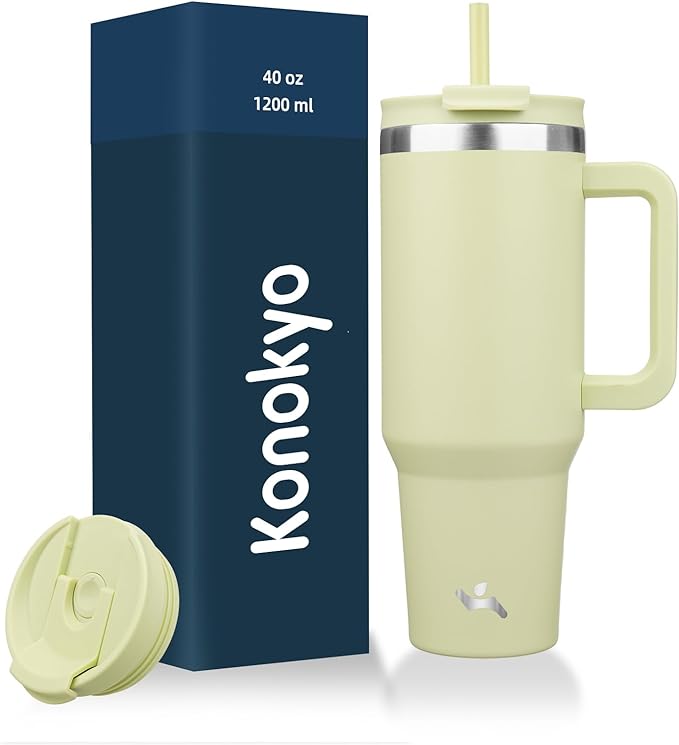 40 oz Tumbler with Handle and 2 Straws,2 in 1 Lid Insulated Water Bottle Stainless Steel Travel Coffee Mug,Macaron Green