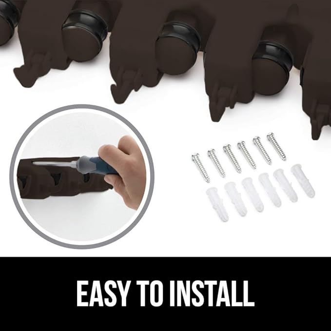 GORILLA GRIP Wall Mount Hook Fixture, Also Includes Slots to Hold Mop, Broom, Tools, Easy Install, Organize Cleaners, Tools, Home, Kitchen, Garage, 6 Hooks 5 Slots, Brown