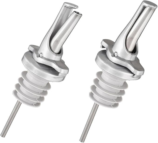 3-in-1 Liquor Pour spout with Built-in Fruit Fly Protection - BPA Free & Dishwasher Safe Hygienic Alcohol Speed Spouts - Also for Olive Oil, Juice, Syrup. Silver 2 Pack