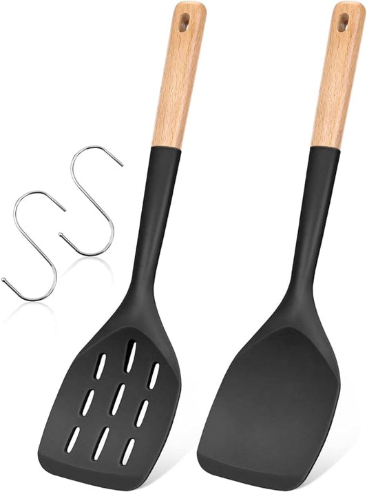 Pack of 2 Silicone Spatula, Non Stick Cooking Utensil Set Wooden Handle Kitchen Turner for Baking Mixing Grilling Serving Food Heat Resistant Non Scratch Hooks Included (Black)