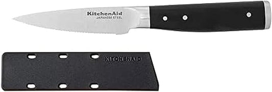 KitchenAid Gourmet Forged Triple Rivet Fine-Edge Utility Knife with Custom-Fit Blade Cover, 4.5-inch, Sharp Kitchen Knife, High-Carbon Japanese Stainless Steel Blade, Black