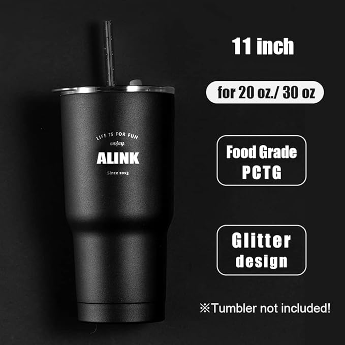 ALINK 12PCS Reusable Black Glitter Straws, 11" Long Hard Plastic Tumbler Drinking Straws for 16 OZ 20 OZ 30 OZ Stanley, YETI, Mason Jar, Starbucks Tumblers with Cleaning Brush