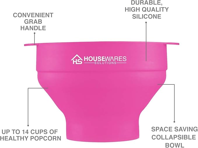 Collapsible Silicone Microwave Hot Air Popcorn Popper Bowl With Lid and Handles (Pink)