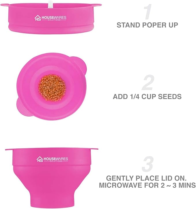 Collapsible Silicone Microwave Hot Air Popcorn Popper Bowl With Lid and Handles (Pink)
