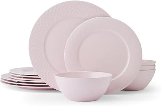 Miksa Trellis Pink Bone China Chip Resistant Lightweight 12 Piece Dinnerware Set, Service for 4