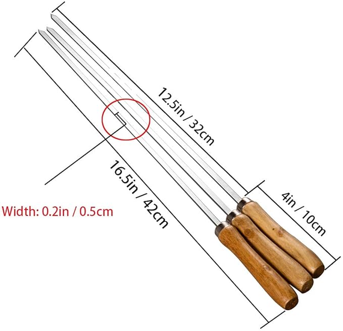 IMEEA Flat Skewers for Kabobs Stainless Steel Kebab Skewers for Grilling 16.5 Inch Barbecue Skewers with Nonslip Wooden Handle, Set of 6
