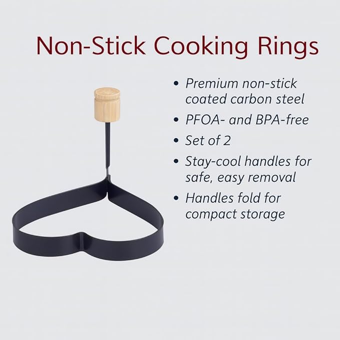 HIC Kitchen Non-Stick Egg and Pancake Cooking Rings, Heart Shaped, Non-Stick Carbon Steel; PFOA and BPA Free, Set of 2